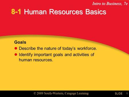 Intro to Business, 7e © 2009 South-Western, Cengage Learning SLIDE1 Human Resources Basics Goals Describe the nature of today’s workforce. Identify important.