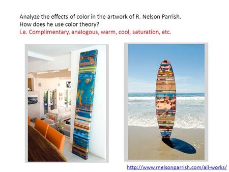 Analyze the effects of color in the artwork of R. Nelson Parrish. How does he use color theory? i.e. Complimentary, analogous, warm, cool, saturation,