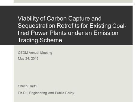 Viability of Carbon Capture and Sequestration Retrofits for Existing Coal- fired Power Plants under an Emission Trading Scheme CEDM Annual Meeting May.