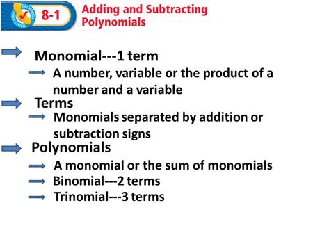 Polynomials Monomial---1 term A number, variable or the product of a number and a variable Terms Monomials separated by addition or subtraction signs A.