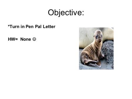 Objective: *Turn in Pen Pal Letter HW= None. Characteristics of Living Things: What do all living organisms have in common?