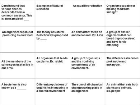 Darwin found that various finches descended from a common ancestor. This is an example of ___ Examples of Natural Selection Asexual ReproductionOrganisms.