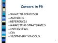 1 Careers in FE  WHAT TO CONSIDER  AGENCIES  REFERENCES  MARKETING STRATERGIES  INTERVIEWS  CVs  SECONDARY SCHOOLS.