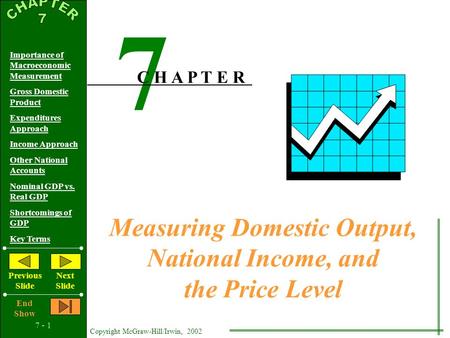 7 - 1 Copyright McGraw-Hill/Irwin, 2002 Importance of Macroeconomic Measurement Gross Domestic Product Expenditures Approach Income Approach Other National.