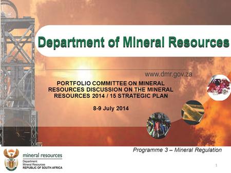 1 PORTFOLIO COMMITTEE ON MINERAL RESOURCES DISCUSSION ON THE MINERAL RESOURCES 2014 / 15 STRATEGIC PLAN 8-9 July 2014 Programme 3 – Mineral Regulation.