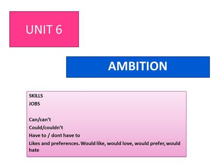 UNIT 6 AMBITION SKILLS JOBS Can/can’t Could/couldn’t