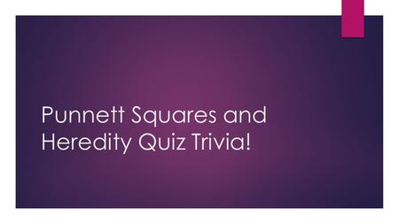 Punnett Squares and Heredity Quiz Trivia!. Rules  Each topic has 5 questions. You will have 2 minutes to answer each question with your group, assign.