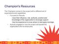 The Champion comes to the project with a different set of expectations and capabilities. Focused on Results. － Uses their influence, role, authority, position.