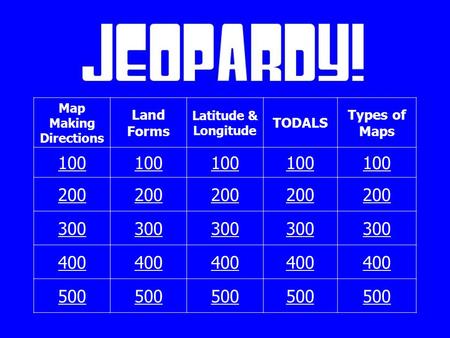 Map Making Directions Land Forms Latitude & Longitude TODALS Types of Maps 100 200 300 400 500.