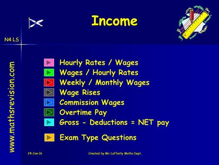 N4 LS 24-Jun-16Created by Mr. Lafferty Maths Dept. Hourly Rates / Wages Wages / Hourly Rates Income www.mathsrevision.com Weekly / Monthly Wages Wage Rises.