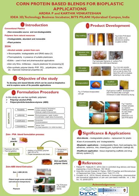 CORN PROTEIN BASED BLENDS FOR BIOPLASTIC APPLICATIONS ARDRA P and KARTHIK VENKATESHAN IDEA 3D, Technology Business Incubator, BITS PILANI Hyderabad Campus,