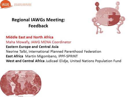 Regional IAWGs Meeting: Feedback Middle East and North Africa Maha Mowafy, IAWG MENA Coordinator Eastern Europe and Central Asia Nesrine Talbi, International.