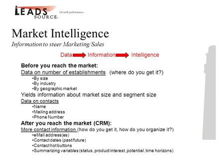 Market Intelligence Information to steer Marketing/Sales Before you reach the market: Data on number of establishments (where do you get it?) By size By.