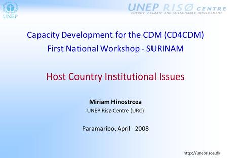 Capacity Development for the CDM (CD4CDM) First National Workshop - SURINAM Host Country Institutional Issues Miriam Hinostroza UNEP.