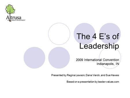 The 4 E’s of Leadership Presented by Regina Lawson, Dana Vierck, and Sue Hawes Based on a presentation by leader-values.com 2009 International Convention.