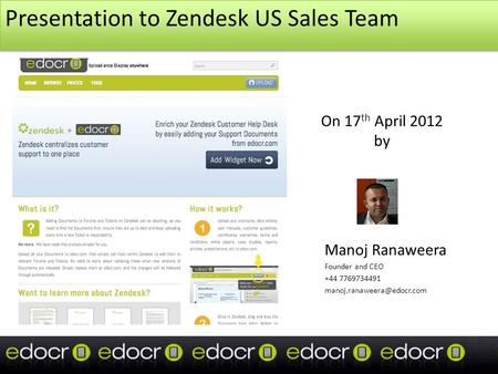 Presentation to Zendesk US Sales Team Manoj Ranaweera Founder and CEO +44 7769734491 On 17 th April 2012 by.