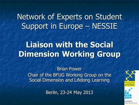 Network of Experts on Student Support in Europe – NESSIE Liaison with the Social Dimension Working Group Brian Power Chair of the BFUG Working Group on.