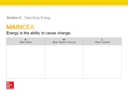 Energy is the ability to cause change. Section 2: Describing Energy K What I Know W What I Want to Find Out L What I Learned.