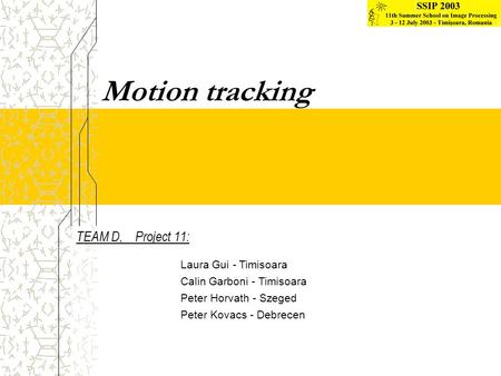 Motion tracking TEAM D, Project 11: Laura Gui - Timisoara Calin Garboni - Timisoara Peter Horvath - Szeged Peter Kovacs - Debrecen.