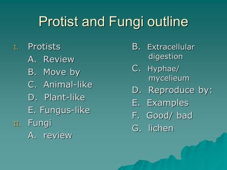 Protist and Fungi outline I. Protists A. Review B. Move by C. Animal-like D. Plant-like E. Fungus-like II. Fungi A. review B. Extracellular digestion C.