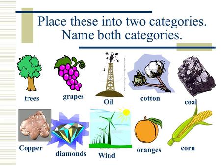 Place these into two categories. Name both categories. Oil Wind Copper coal trees grapes cotton diamonds oranges corn.