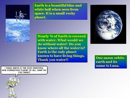 Earth is a beautiful blue and white ball when seen from space. It is a small rocky planet. Nearly ¾ of Earth is covered with water. What would we do without.