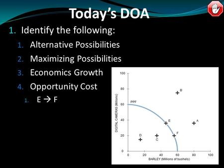 Today’s DOA 1. Identify the following: 1. Alternative Possibilities 2. Maximizing Possibilities 3. Economics Growth 4. Opportunity Cost 1. E  F.