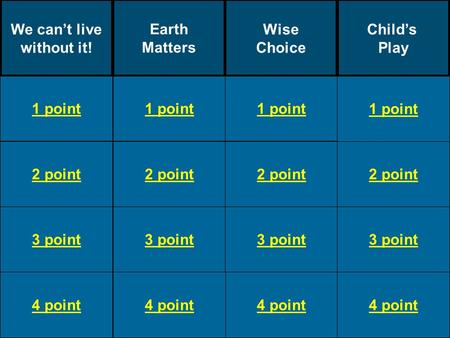 2 point 3 point 1 point 2 point 4 point 1 point 2 point 3 point 4 point 1 point 2 point 3 point 4 point 1 point We can’t live without it! Earth Matters.