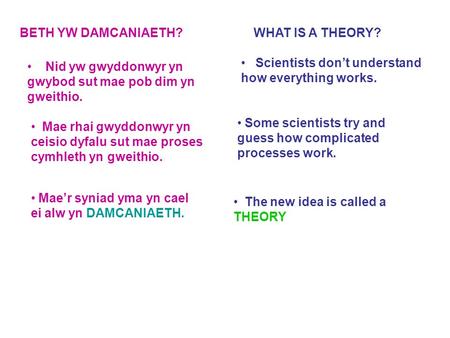 BETH YW DAMCANIAETH? WHAT IS A THEORY? Nid yw gwyddonwyr yn gwybod sut mae pob dim yn gweithio. Scientists don’t understand how everything works. Mae rhai.