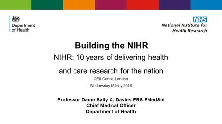 Building the NIHR NIHR: 10 years of delivering health and care research for the nation QEII Centre, London Wednesday 18 May 2016 Professor Dame Sally C.