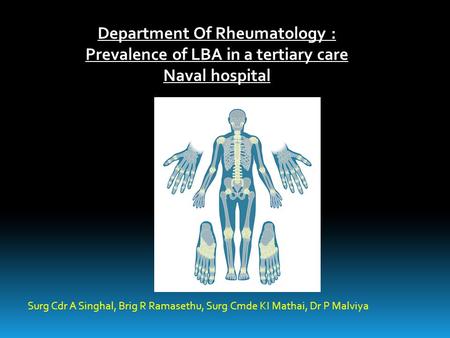 Department Of Rheumatology : Prevalence of LBA in a tertiary care Naval hospital Surg Cdr A Singhal, Brig R Ramasethu, Surg Cmde KI Mathai, Dr P Malviya.