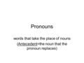 Pronouns words that take the place of nouns (Antecedent=the noun that the pronoun replaces)