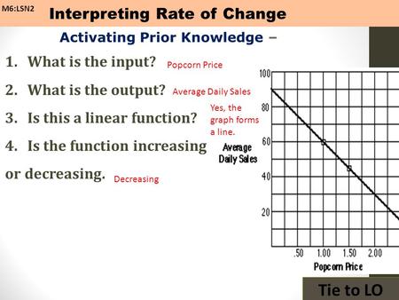 1.What is the input? 2.What is the output? 3.Is this a linear function? 4.Is the function increasing or decreasing. Activating Prior Knowledge – Tie to.