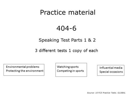 Source: 10 FCE Practice Tests. GLOBAL Environmental problems Protecting the environment Influential media Special occasions Watching sports Competing in.