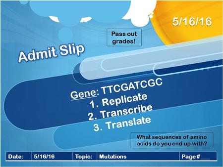 Gene: TTCGATCGC 1.Replicate 2.Transcribe 3.Translate 5/16/16 Date:5/16/16Topic:MutationsPage # ___ What sequences of amino acids do you end up with? Pass.