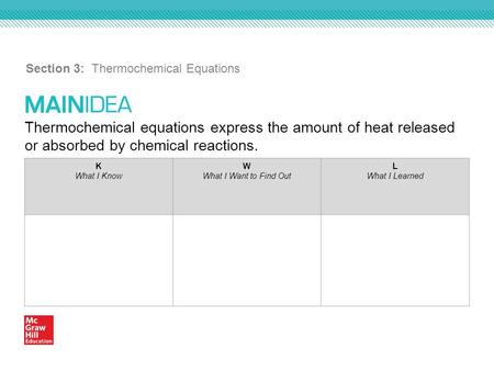 Thermochemical equations express the amount of heat released or absorbed by chemical reactions. Section 3: Thermochemical Equations K What I Know W What.