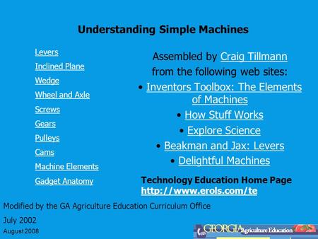 August 2008 Understanding Simple Machines Assembled by Craig TillmannCraig Tillmann from the following web sites: Inventors Toolbox: The Elements of MachinesInventors.