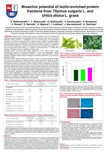 Bioactive potential of lectin-enriched protein fractions from Thymus vulgaris L. and Urtica dioica L. grass V. Bakšenskaitė 1, *, L. Bistrovaitė 2, G.