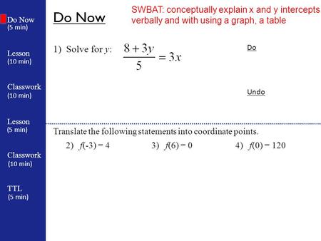 Do Now Lesson Classwork Lesson Classwork TTL (5 min) (10 min) (5 min) (10 min) (5 min) Do Now 1) Solve for y: Do Undo Translate the following statements.