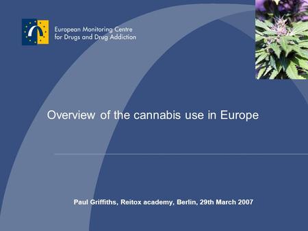 Overview of the cannabis use in Europe Paul Griffiths, Reitox academy, Berlin, 29th March 2007.