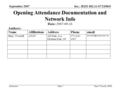 Doc.: IEEE 802.11-07/2458r0 Submission September 2007 Harry Worstell, AT&TSlide 1 Opening Attendance Documentation and Network Info Date: 2007-09-16 Authors: