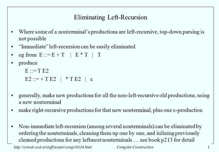 Eliminating Left-Recursion Where some of a nonterminal’s productions are left-recursive, top-down parsing is not possible “Immediate” left-recursion can.