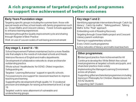 1 A rich programme of targeted projects and programmes to support the achievement of better outcomes Early Years Foundation stage: Targeting specific groups.