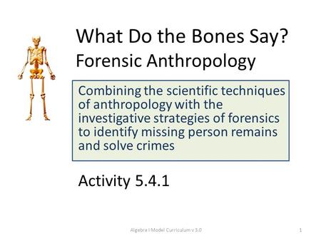 What Do the Bones Say? Forensic Anthropology Combining the scientific techniques of anthropology with the investigative strategies of forensics to identify.