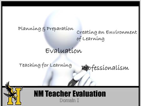 NM Teacher Evaluation Planning & Preparation Creating an Environment of Learning Professionalism Teaching for Learning Evaluation.