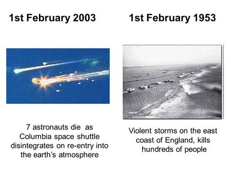 7 astronauts die as Columbia space shuttle disintegrates on re-entry into the earth’s atmosphere 1st February 2003 Violent storms on the east coast of.