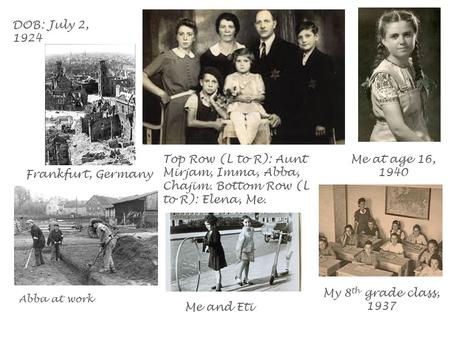 DOB: July 2, 1924 Frankfurt, Germany Me and Eti Abba at work Top Row (L to R): Aunt Mirjam, Imma, Abba, Chajim. Bottom Row (L to R): Elena, Me. My 8 th.