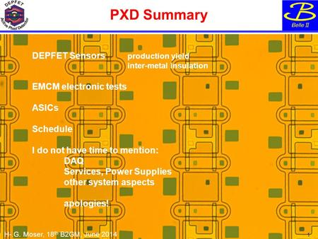 H.-G. Moser, 6 th PXD/SVD workshop, Pisa, Oct. 2014 PXD Summary 1 DEPFET Sensors production yield inter-metal insulation EMCM electronic tests ASICs Schedule.