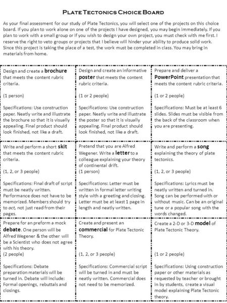 Design and create a brochure that meets the content rubric criteria. (1 person) Specifications: Use construction paper. Neatly write and illustrate the.