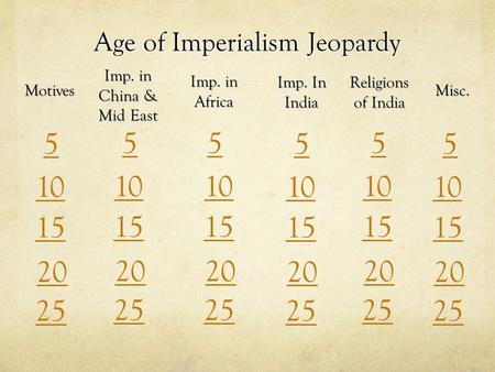 Age of Imperialism Jeopardy Motives Imp. in China & Mid East Imp. in Africa Imp. In India Religions of India Misc. 5 55 5 5 5 10 15 20 25.